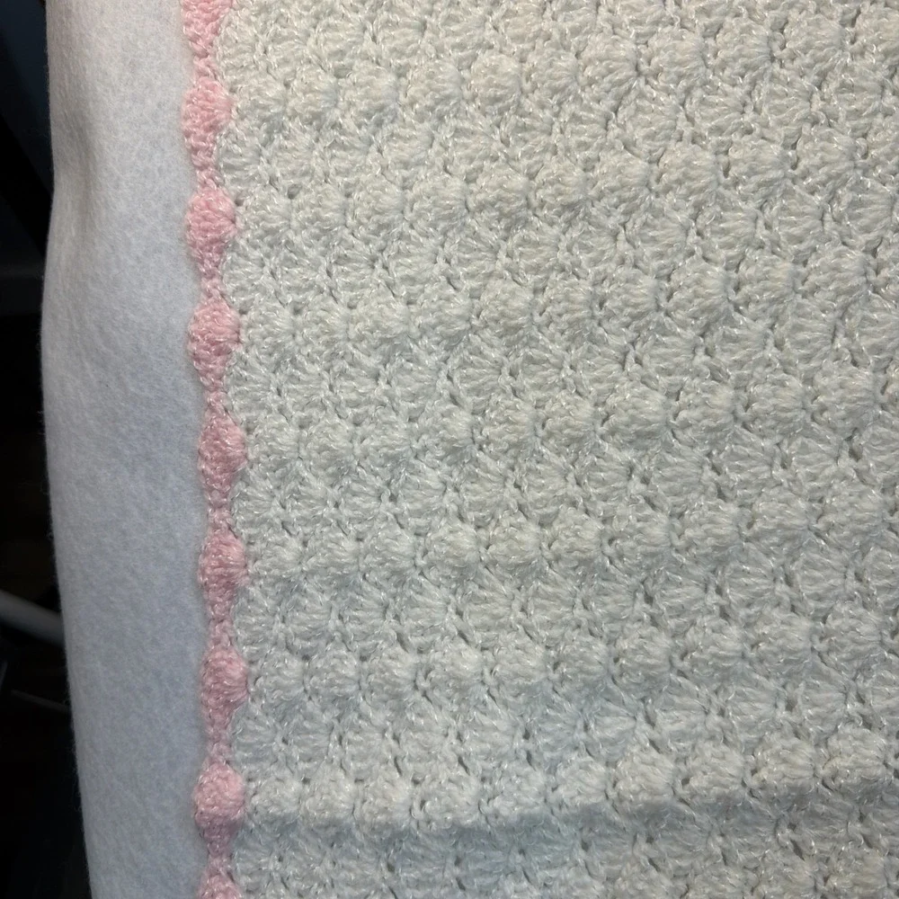 Handmade Crochet Baby Blanket White With Pink Border. With‎ A Little Sparkle